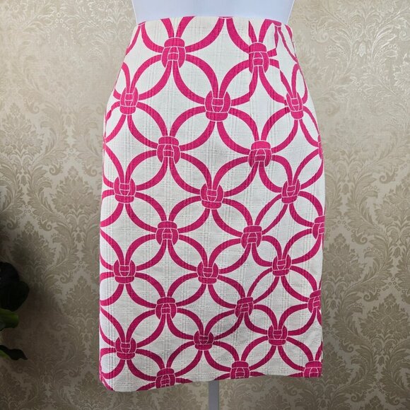 Talbots Size 6 White Pink Pencil Skirt Knot Pattern Side Vent Lined Side Zip - Picture 1 of 9